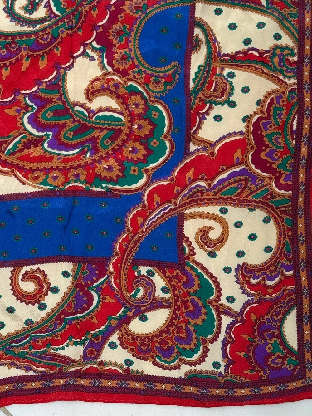 Vintage 1960’s Paisley delicate Silk Scarf in Red, Blue & Cream